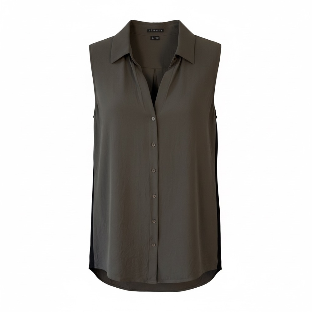 Theory Sleeveless Button-Up Silk Blouse - Olive Black Size P Quiet Luxury